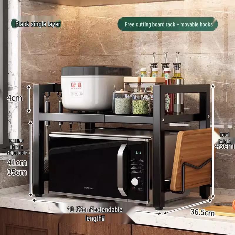 Black Retractable 1-Tier Kitchen Microwave Storage Rack