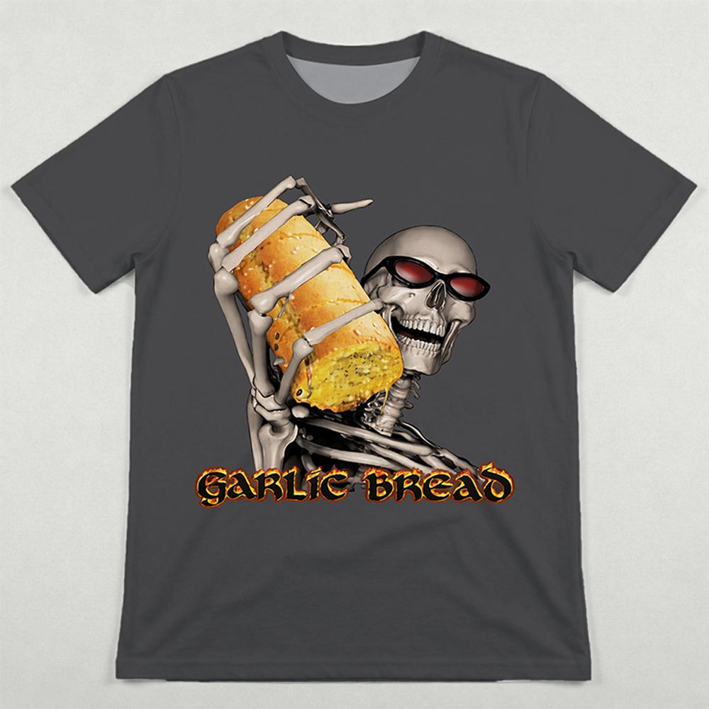 Garlic Bread Funny Meme Graphic T-Shirt Men's Women's Skull Pattern Print Tee Y2K Streetwear Fun Short-Sleeve Top