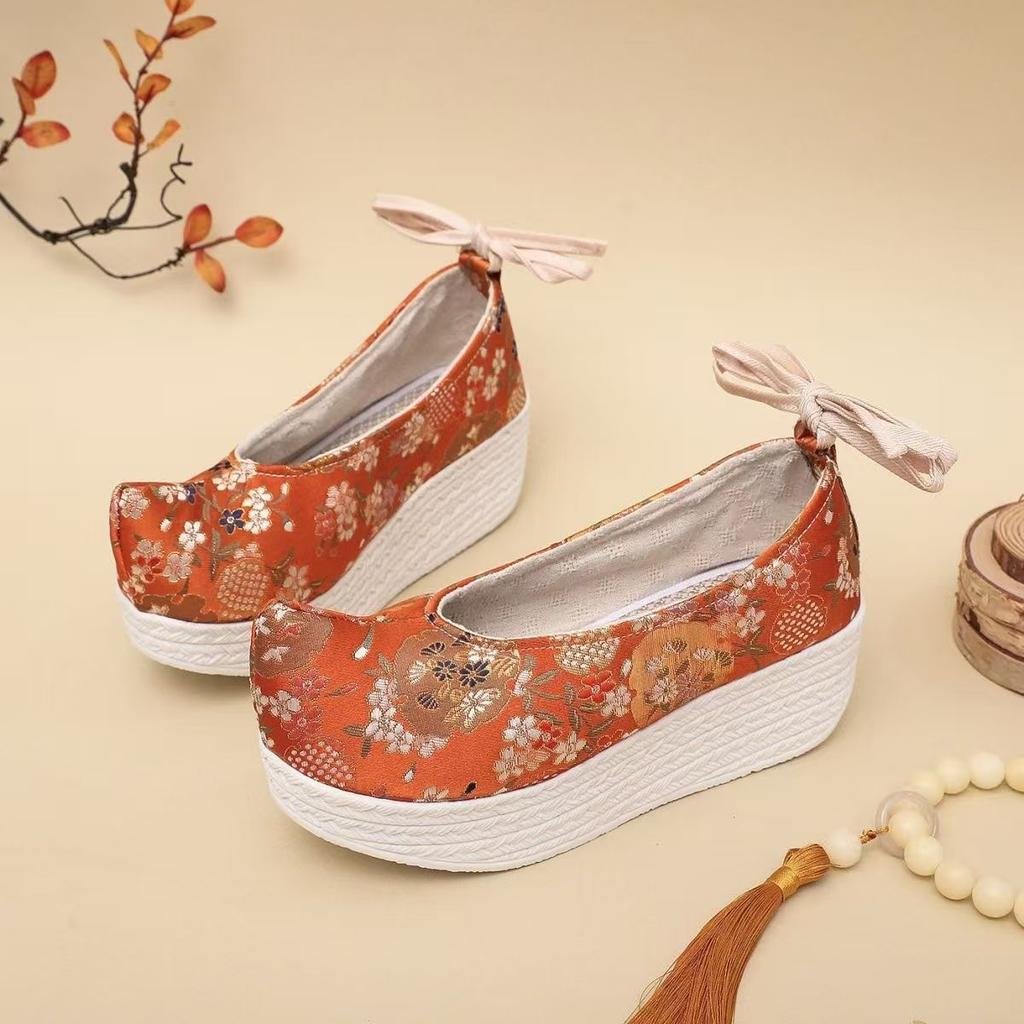 Zeppe Jacquard in Seta da Donna Scarpe Cheongsam Stile Etnico Suola Spessa Cinturino alla Caviglia Leggero Scarpe Hanfu Scarpe a Gonnellino Viso di Cavallo