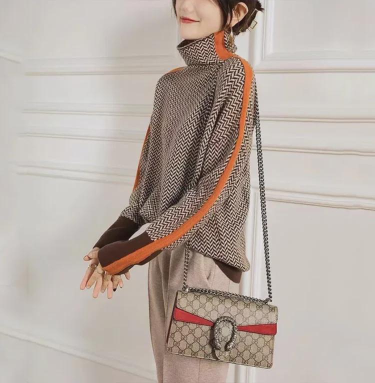 Pull Rétro en Cachemire pour Femme - Coupe Ample, Col Montant, Couleur Contrastée, Automne/Hiver