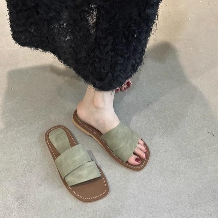 Sheepskin version~ Retro niche design flat-bottomed slippers for women to wear new beach vacation cool slippers