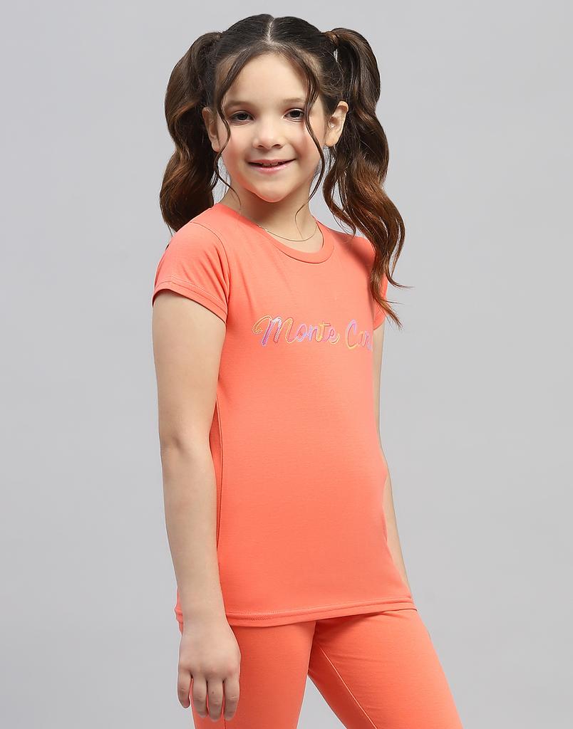 MONTE CARLO Girls Orange Printed Round Neck Half Sleeve Top