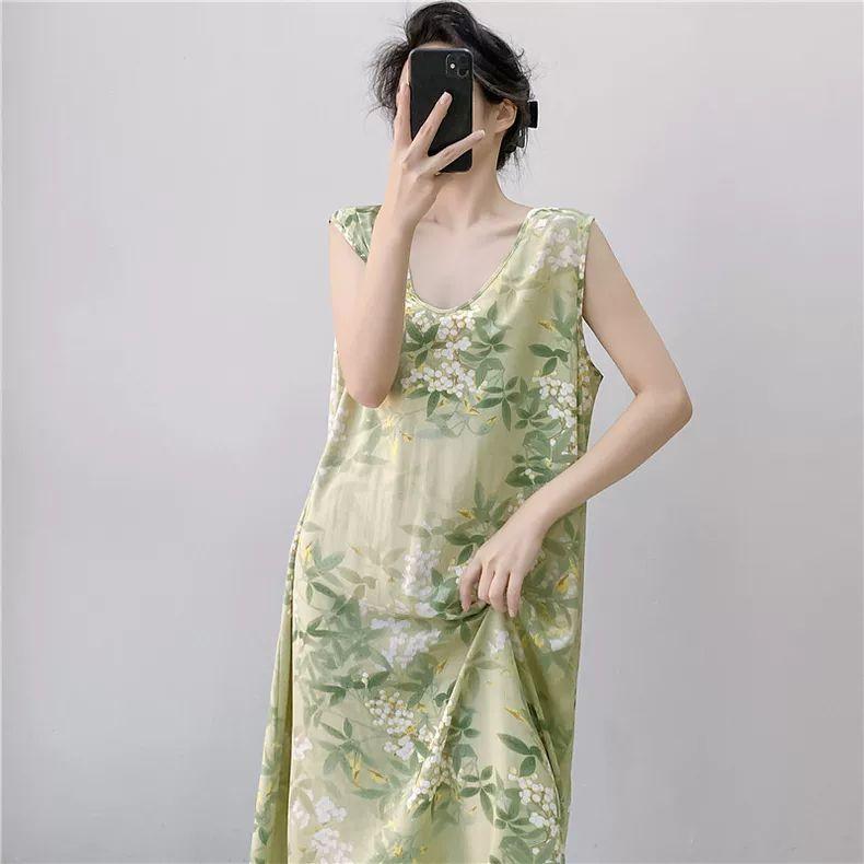 Large Size Loose Long Nightgown Simple Lazy Style Printed Sleeveless Tank Dress Sexy V-Neck V-Back Home Clothes Loungewear