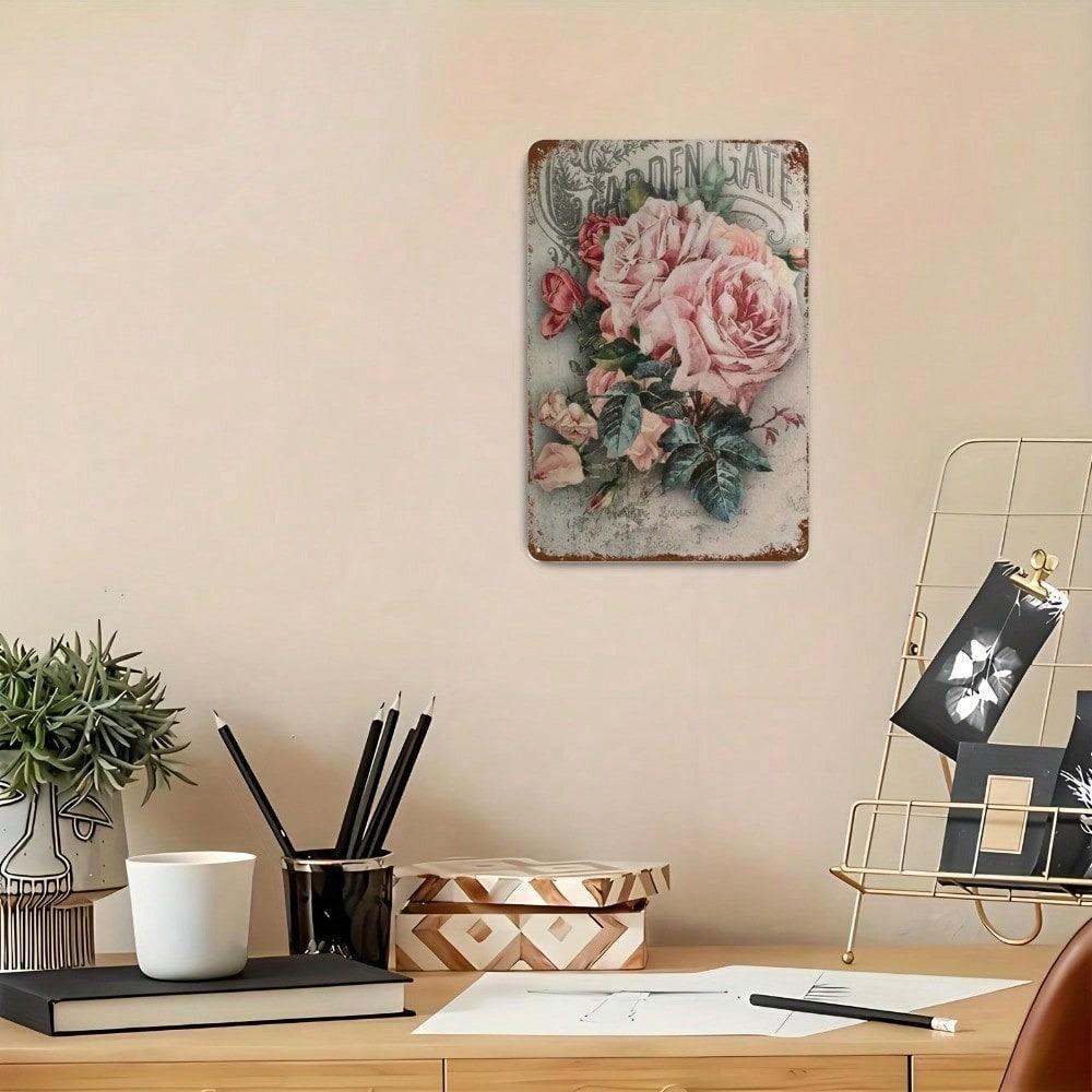 Vintage Roses Floral Tin Sign 8x12in Shabby Chic Rustic Farmhouse Wall Art Garden Bathroom Home Decor Unframed