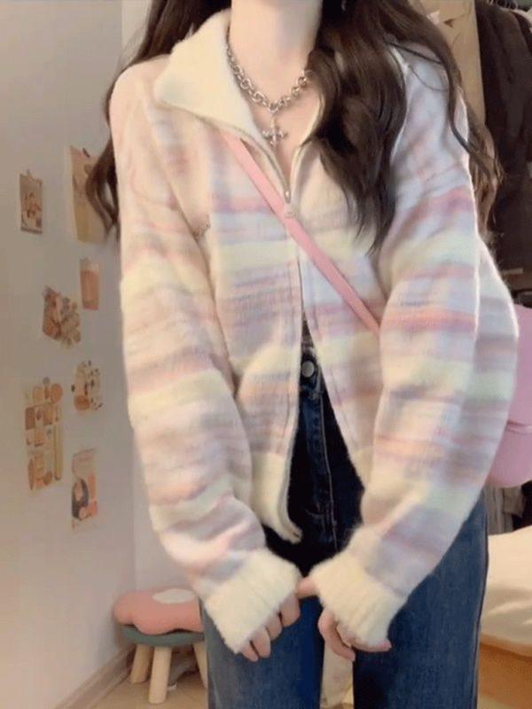 Damen Gestreifter Strickcardigan mit Stehkragen - Frühling/Sommer Weicher Lässiger Pullover Top