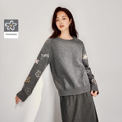 INMAN Women's Heavy Embroidered Floral Round Neck Sweater