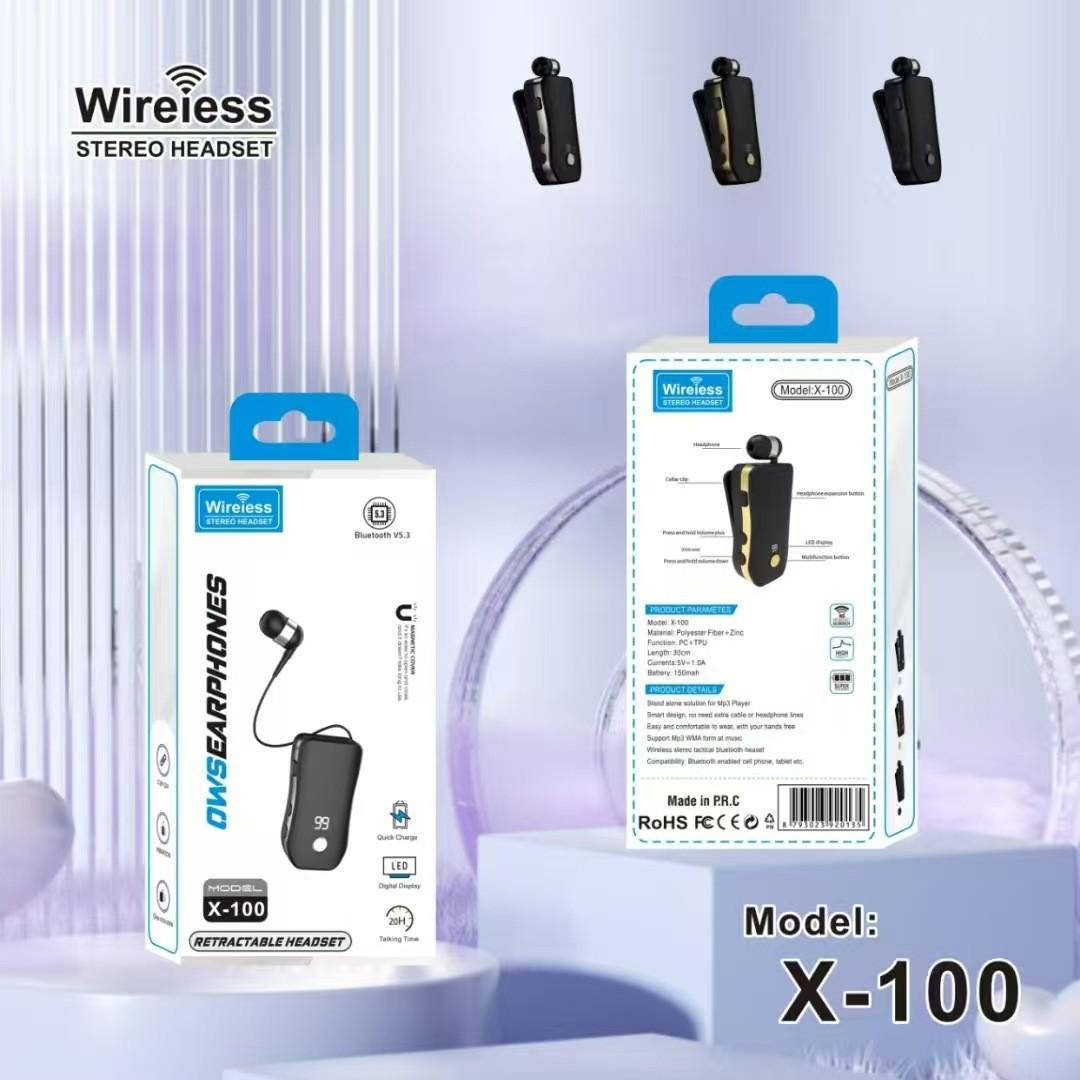 

X-100 Smart Bluetooth Single Ear Car In-ear Earphone with Retractable Cord and Clip-on Design срібний
