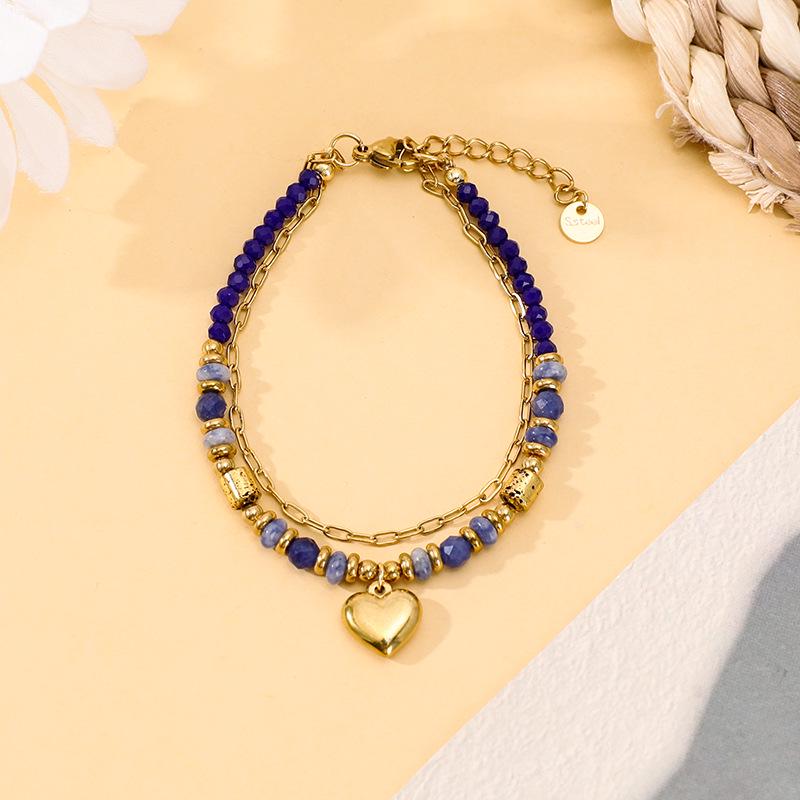 Bohemian Double-Layer Women's Bracelet with Natural Stone, Crystal & Stainless Steel Beads - Peach Heart Design