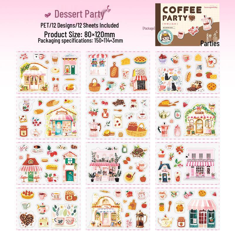 Coffee Scenery Die-Cut PET Sticker Book - Beautiful Day Little Party Series, 12 Sheets
