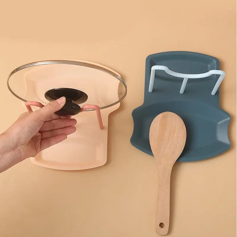 1Pc Kitchen Dish Pot Lid Storage Rack Countertop Punch-Free Spoons Holder Bracket