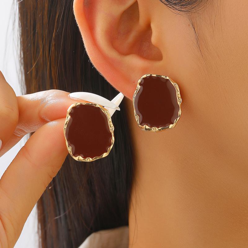 Vintage Coffee Colored Drip Oil Irregular Stud Earrings Ring Set for Women Personality Square Geometric Finger Rings Jewelry