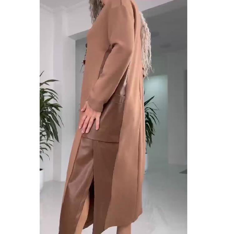 Rochie de damă mărime plus toamnă/iarnă 2024 cu blocuri de culoare, din piele îmbinată