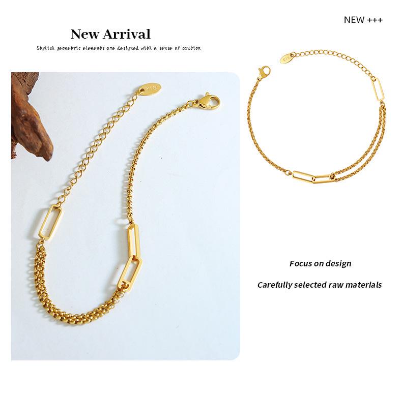 Christmas Geometric Double-Layer Chain Bracelet: Women's 18K Gold-Plated Titanium Steel Rectangular Openwork Design (E179)