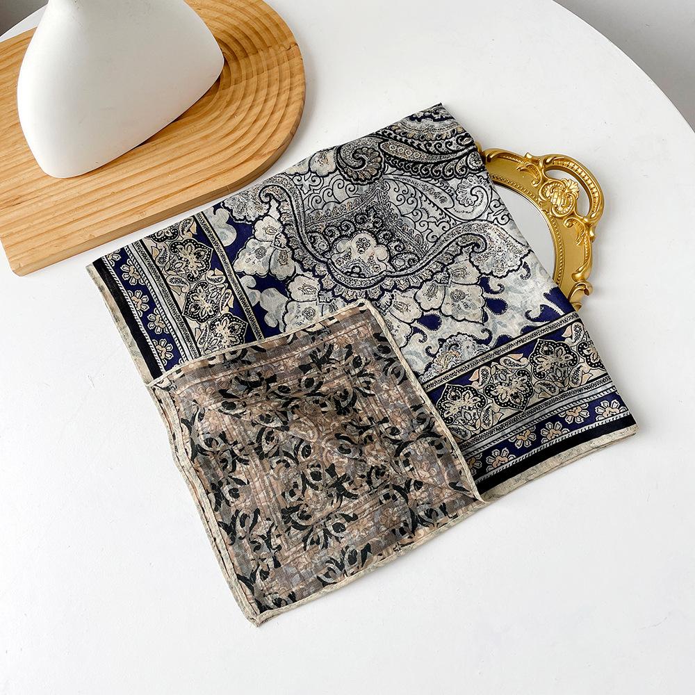 Retro Flower Silk Scarf Autumn and Winter Temperament Elegant Scarf Herringbone Silk Scarf Double-sided Literary Square Scarf Cotton and Linen Square