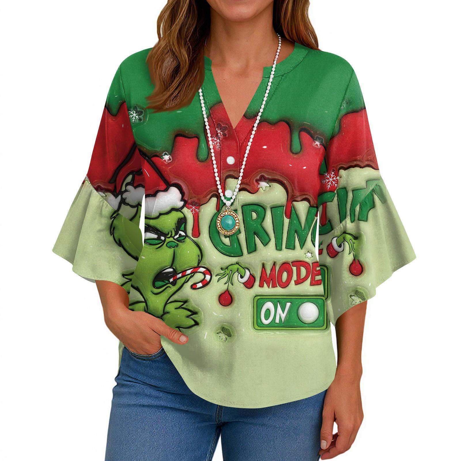 

3/4 Sleeve Shirts For Women Cute Print Graphic Tees Blouses Casual Plus Size Basic Ruffled Sleeve Tops Pullover S