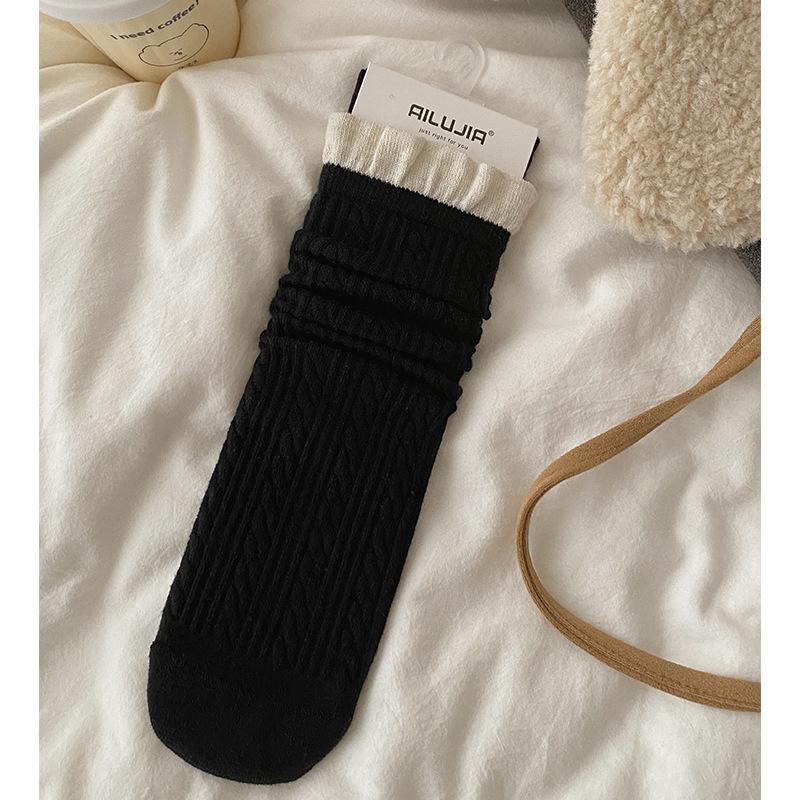 

Wool Socks Children S Medium Tube Color Matching Lace Bubble Mouth Boneless Twist Stacking Socks Simple Trendy Socks One size чорний