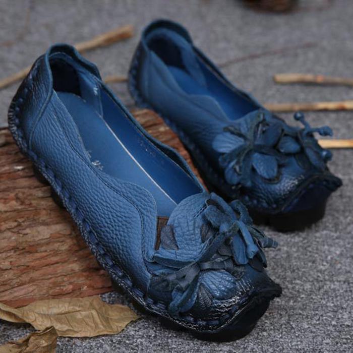 Handmade Flower Shoes Women Soft Flat Bottom Shoes Autumn Casual Sandals Genuine Leather Comfortable Breathable