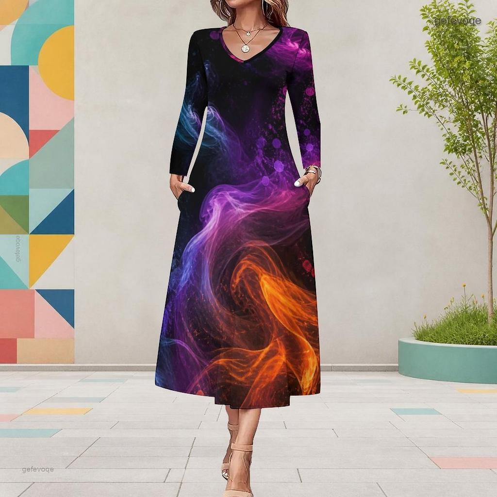Women Plus Size V Neck Long Sleeve Colorful Printed Pockets A Line Midi Dress