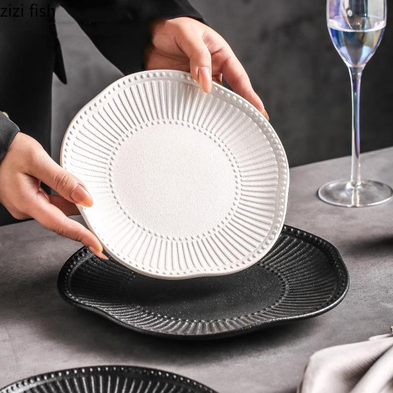 Assiette Creuse en Céramique à Rayures en Relief de Couleur Unie Assiette à Salade Assiette à Dessert Plat à Sashimi Sushi Vaisselle Créative de Cuisine Moléculaire