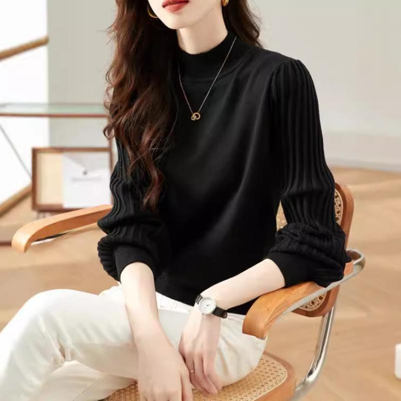 

Autumn and winter half turtleneck bottoming shirt, warm puff sleeves, knitted sweater for small people, lazy style sweater for women One Size