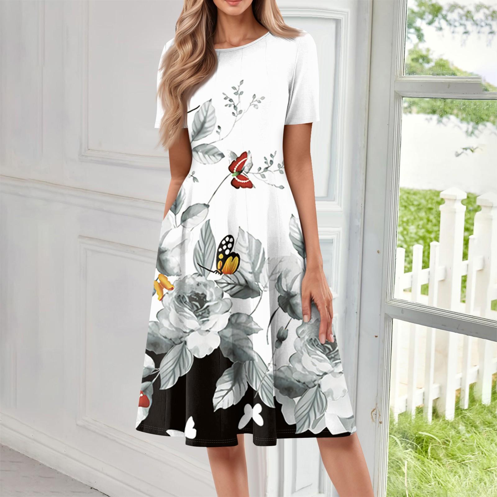 

Женское повседневное и модное платье средней длины с круглым вырезом и коротким рукавом с принтом XXXL