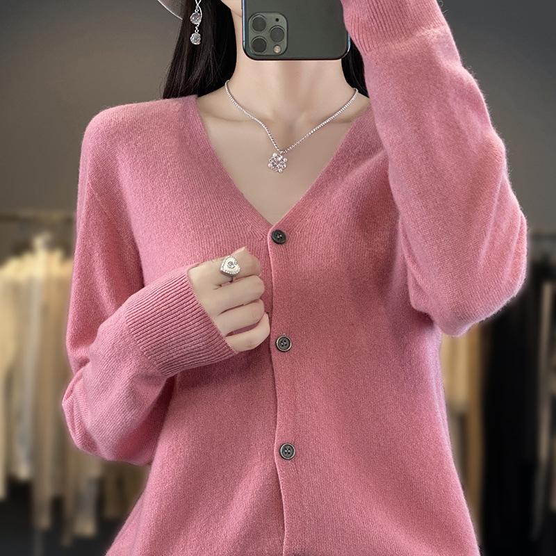 New Arrival: Women's 100% Pure Wool V-Neck Cardigan - Solid Color, Seamless Knit, Button-Up