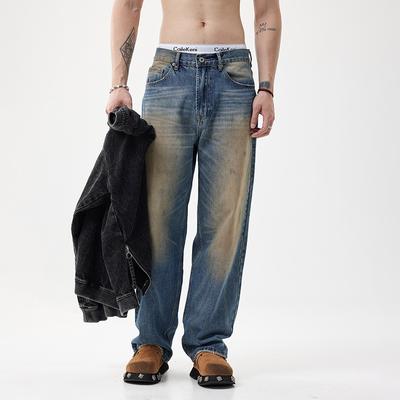 American Casual Retro Old Wide-leg Jeans for Men Loose Straight Draping Spring and Autumn Thick Style