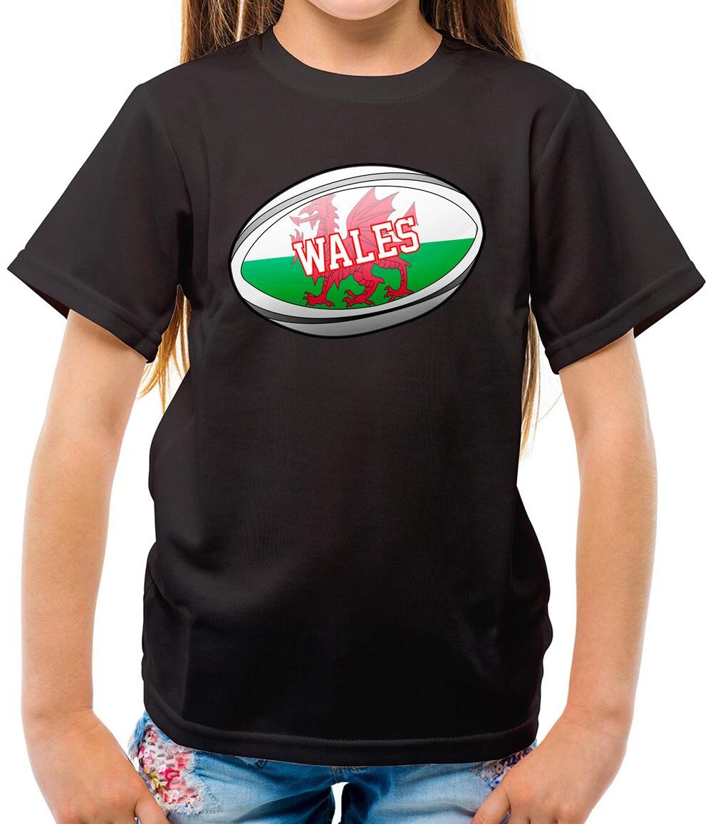 Welsh Flag Rugby Ball - Kids T-Shirt - Wales Dragons League Union Fan 130