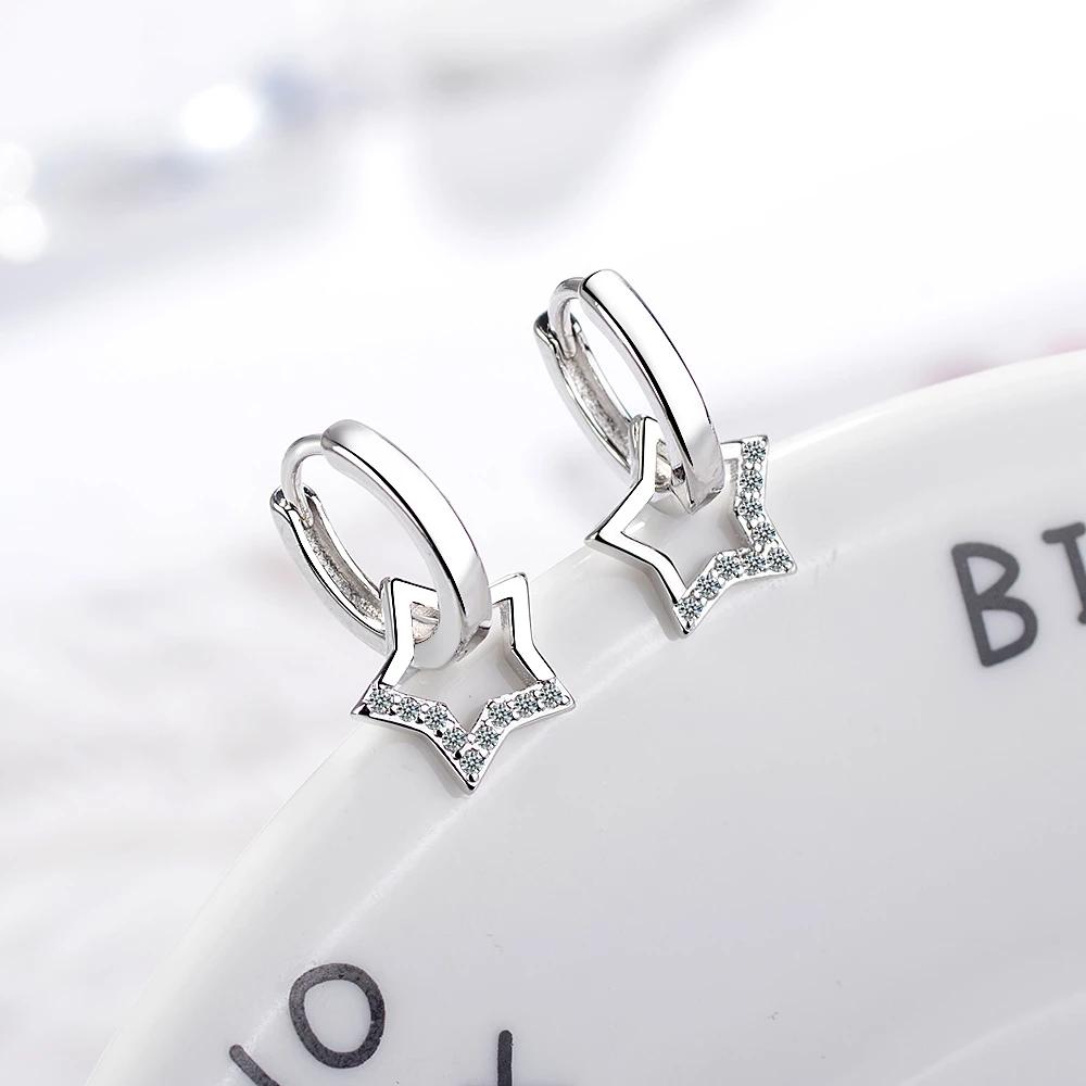 925 Sterling Silver Simple Zircon Hollow Star Pendant Hoop Earrings for Women Jewelry Party Gifts Oorbellen