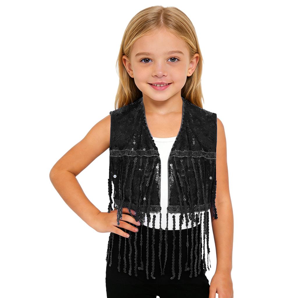 Sparkly Sequin Fringe Vest for Girls: Sleeveless Open Front Crop Top Waistcoat with Tassels, Perfect for Dance Recital & Show