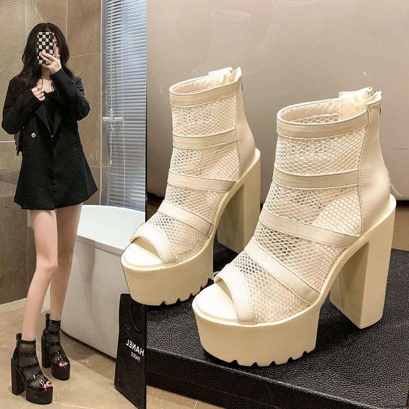 High Heel Dicke Ferse Sandalen Damen Mesh Fischmaul Schuhe Damen Wasserdicht Tisch Hohl Römische Sandalen
