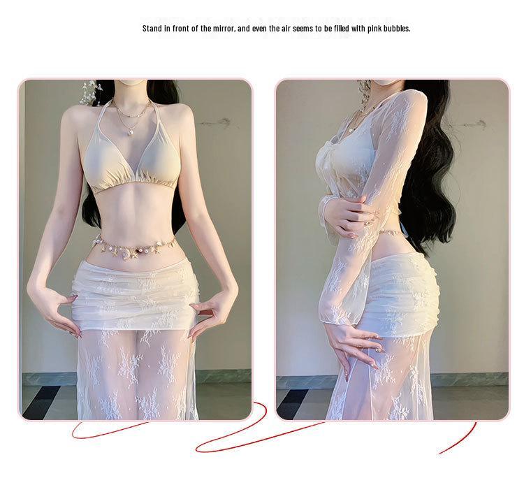 Seaside Lace Four-Piece Swimsuit Set with Sun-Protective Cover-up and Fairy Layer Bikini