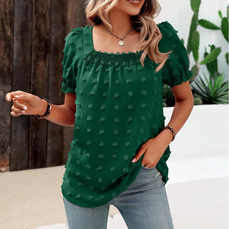 Women Summer Square Collar Short Sleeve Blouses Solid Loose Elegant Shirts Casual Streetwear Tunic Tops 2025