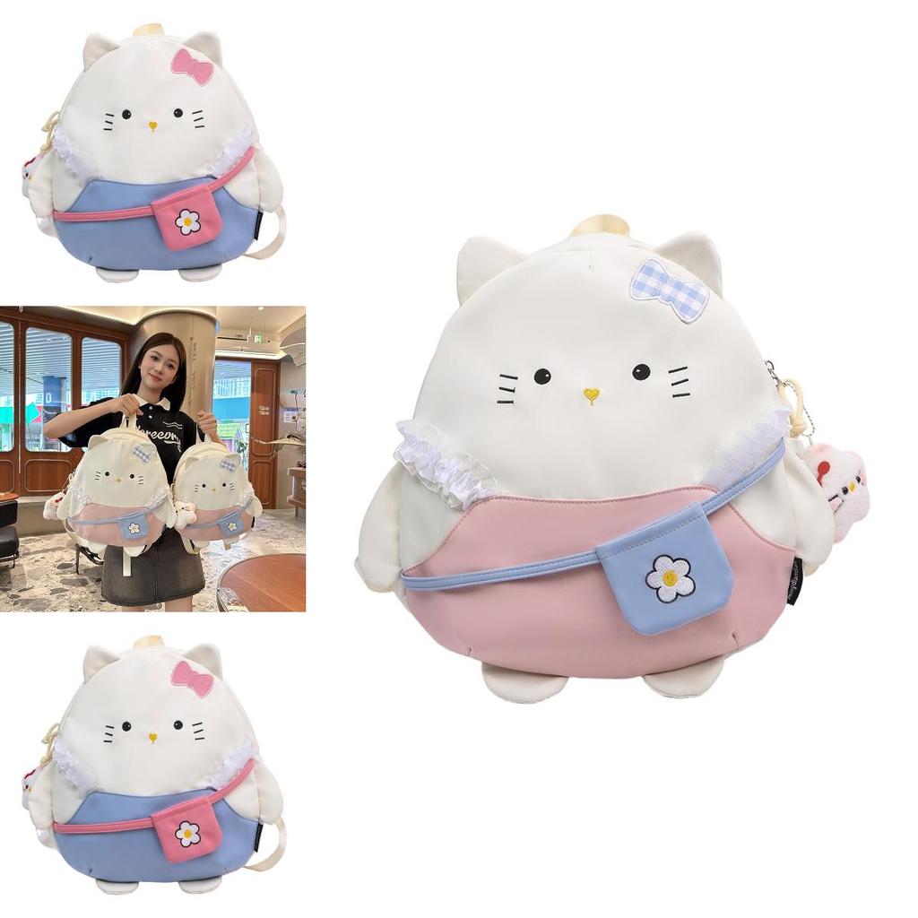 Cute Cartoon Bow Lace Cat Design Student Casual Backpack With Plush Pendant For Daily Use