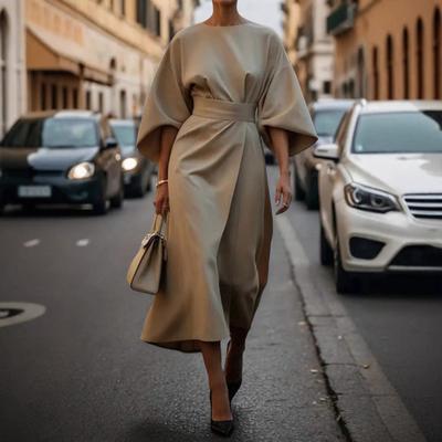 Women Dress Slim Waist Solid Color Dolman Sleeves Midi Dress Calf Length Evening Dress Round Neck Long Dress for Commuting Party Dating