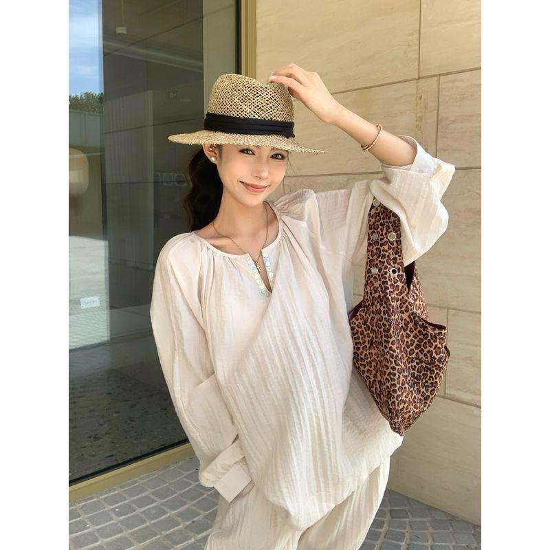 Kumikumi Design Sense Black Pleat Thin Long Sleeve Shirts Women Autumn Slimming Casual Pants Trousers Two-piece Set