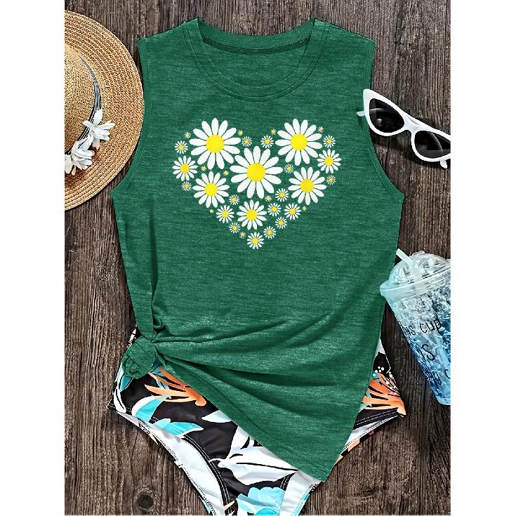 Elegant Vest for Women Daisy Heart Print Casual Loose Summer Vest Fashionable and Elegant Tops for Commuting, Vacation, and Everyday Wear, Available
