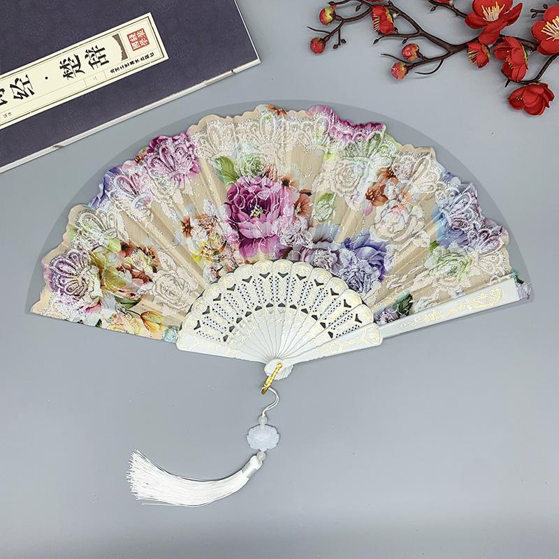 1PC Silk Fan Decoration Fans Floral Pattern Dance Tassel Vintage Folding Fan Hand Fan