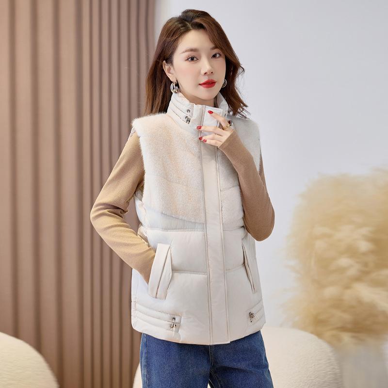 

New down cotton vest women s short plush vest autumn and winter new casual loose coat S бежевый