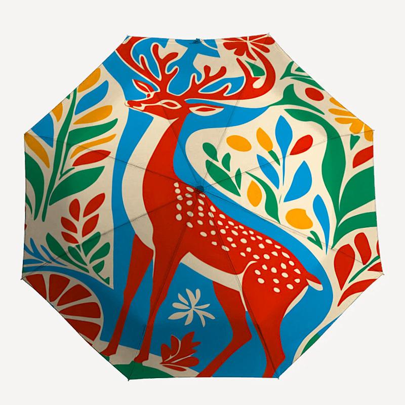 1pc Deer Nature Automatic Folding Umbrella - Windproof Compact Travel Umbrella with Auto Open/Close, 8-Rib Heavy-Duty Shaft for Women/Men A006
