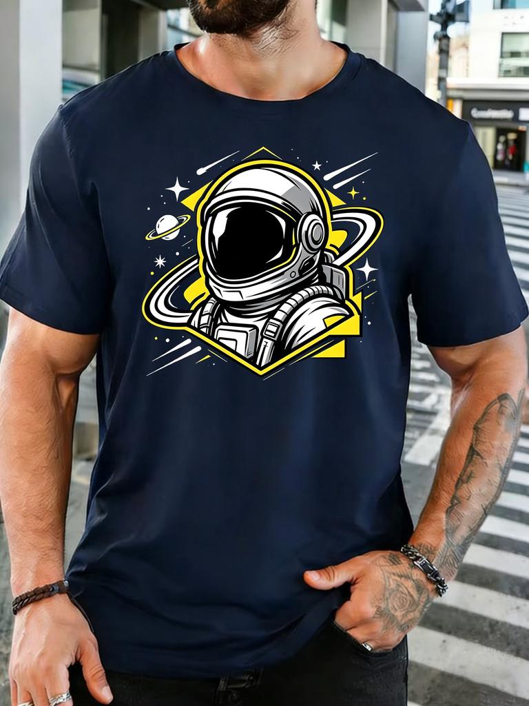 Vintage Colorful Astronaut Planet Star Space Graphic Unisexs Soft Cotton Short Sleeve Loose Cosmic Explorer Daily Casual Street Tee