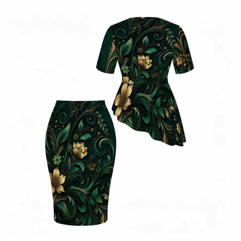 Women Plus Size Dark Green Gold Floral Printed Round Neck Short Sleeve Asymmetric Top Fitted Skirt Two Piece Set