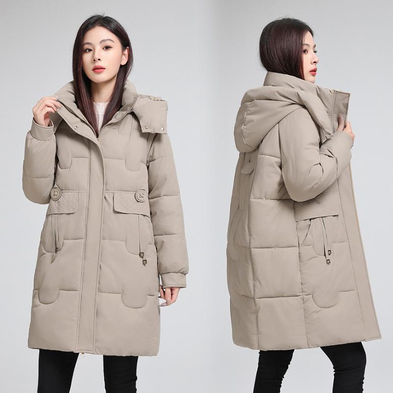 Polstrované oblečení dámské střední a dlouhé s kapucí zimní volné nové polstrované oblečení zesílené teplé polstrované bundy nadměrné velikosti bundy