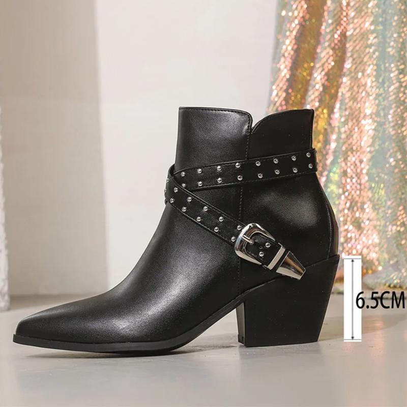 Fashion Genuine Leather Western Ankle Boots Women Fashion Rivet Belt Buckle Design Shoes Sexy Pointed Toe Square Heel Zipper Botas Mujer