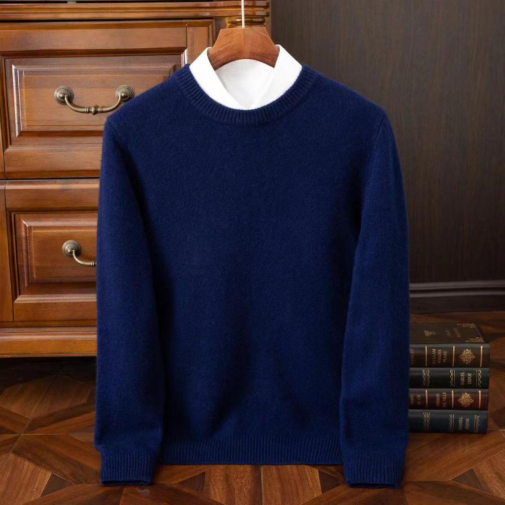 Men's Round Neck Pure Wool Pullover Sweater – Solid Color Knit Base Layer