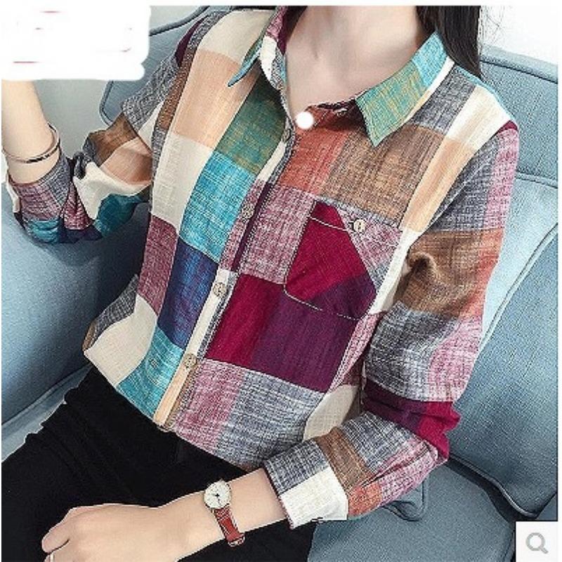 DAFIFY Women's Fashion Casual Spring Autumn Plaid Print Long Sleeve POLO Neck Blouses & Shirts
