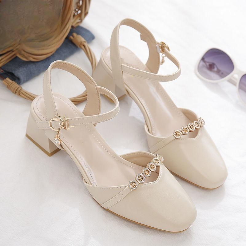 Sandals Women's One-word Button Square Head Thick Heel Middle Heel with Skirt