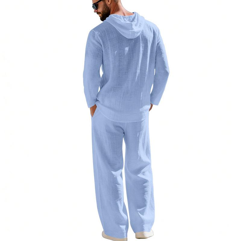 Completo casual da uomo in lino a due pezzi: camicia con cappuccio e bottoni e pantaloni a gamba dritta – perfetti per le vacanze al mare in primavera/estate