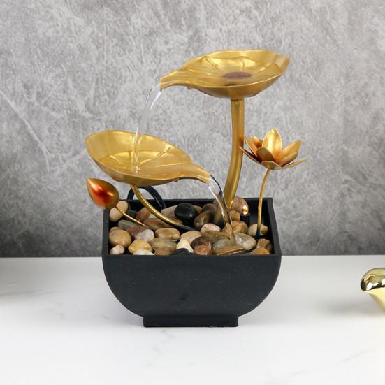 Tabletop Water Fountain USB Powered Golden Lotus Desktop Decorative Waterfall Fountain with Rocks for Home Bathroom Bedroom Indoor Zen Decor