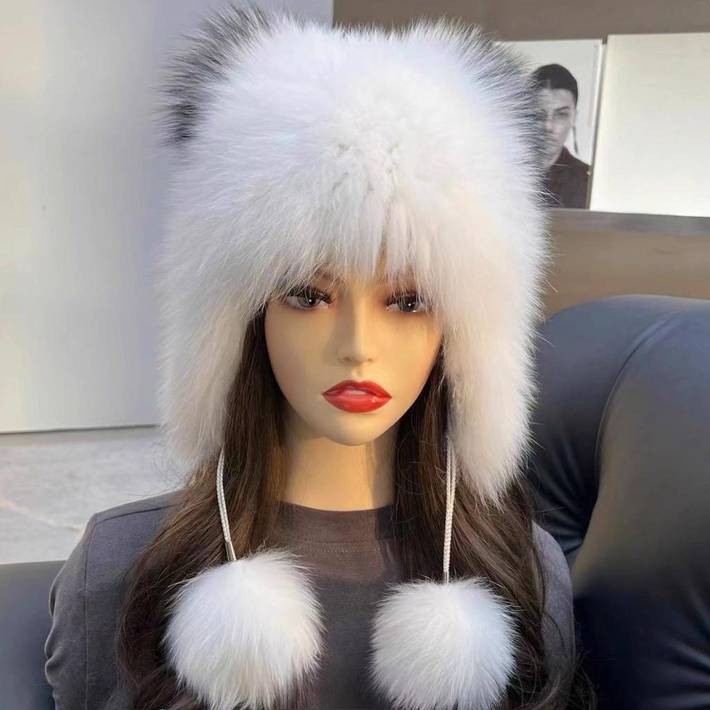 Real Fox Fur Ear Protection Hat Thickened Warm Fur Woven Hat Cute Hairball Knitted Hat Cartoon Velvet Millinery Hat